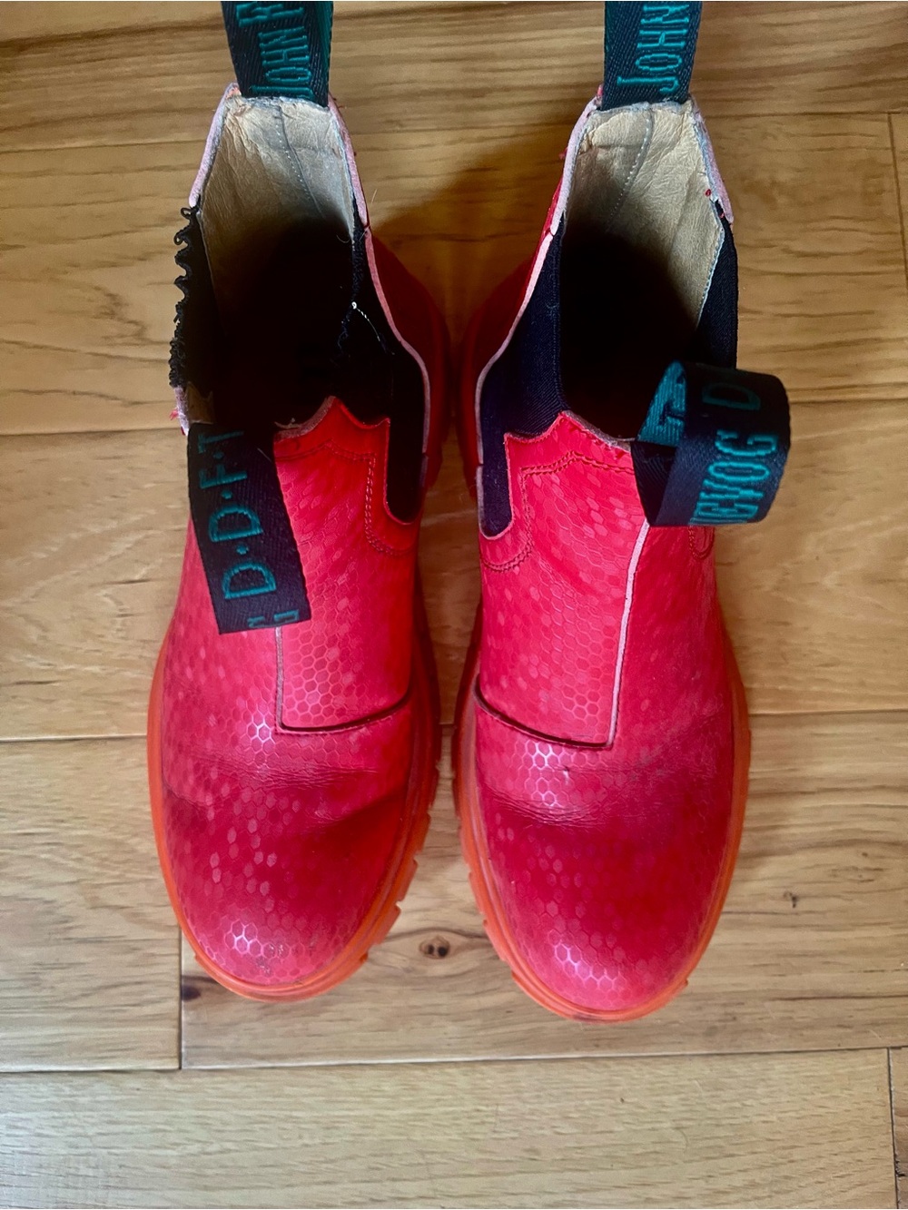 John Fluevog Red Chelsea Boots with Orange Soles - Picture 3 of 3